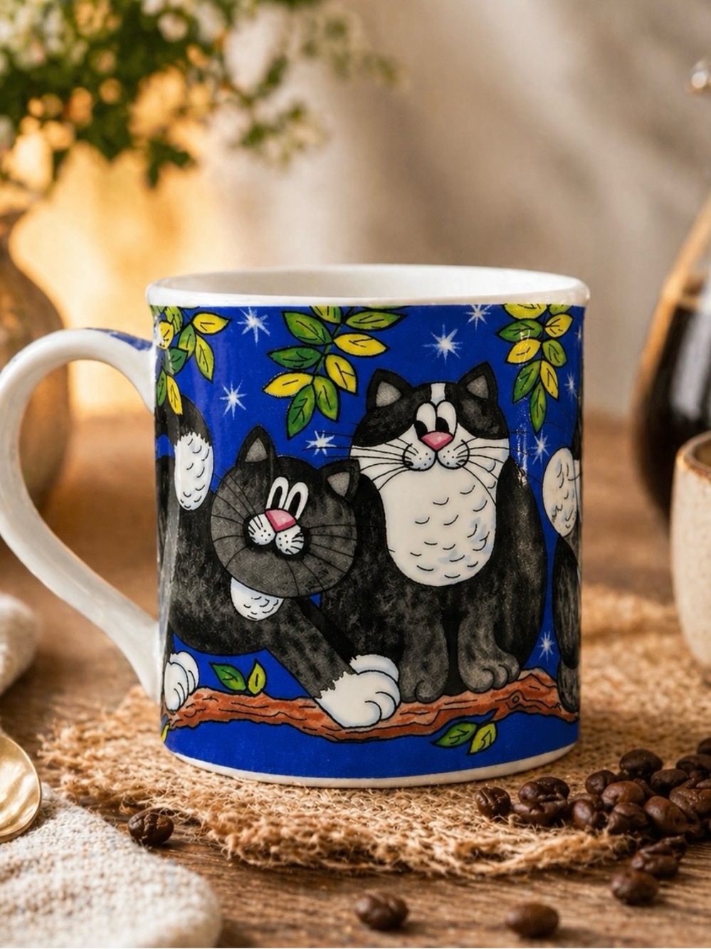 Whimsical Blue and Black Cats Mug by Jane Brookshaw